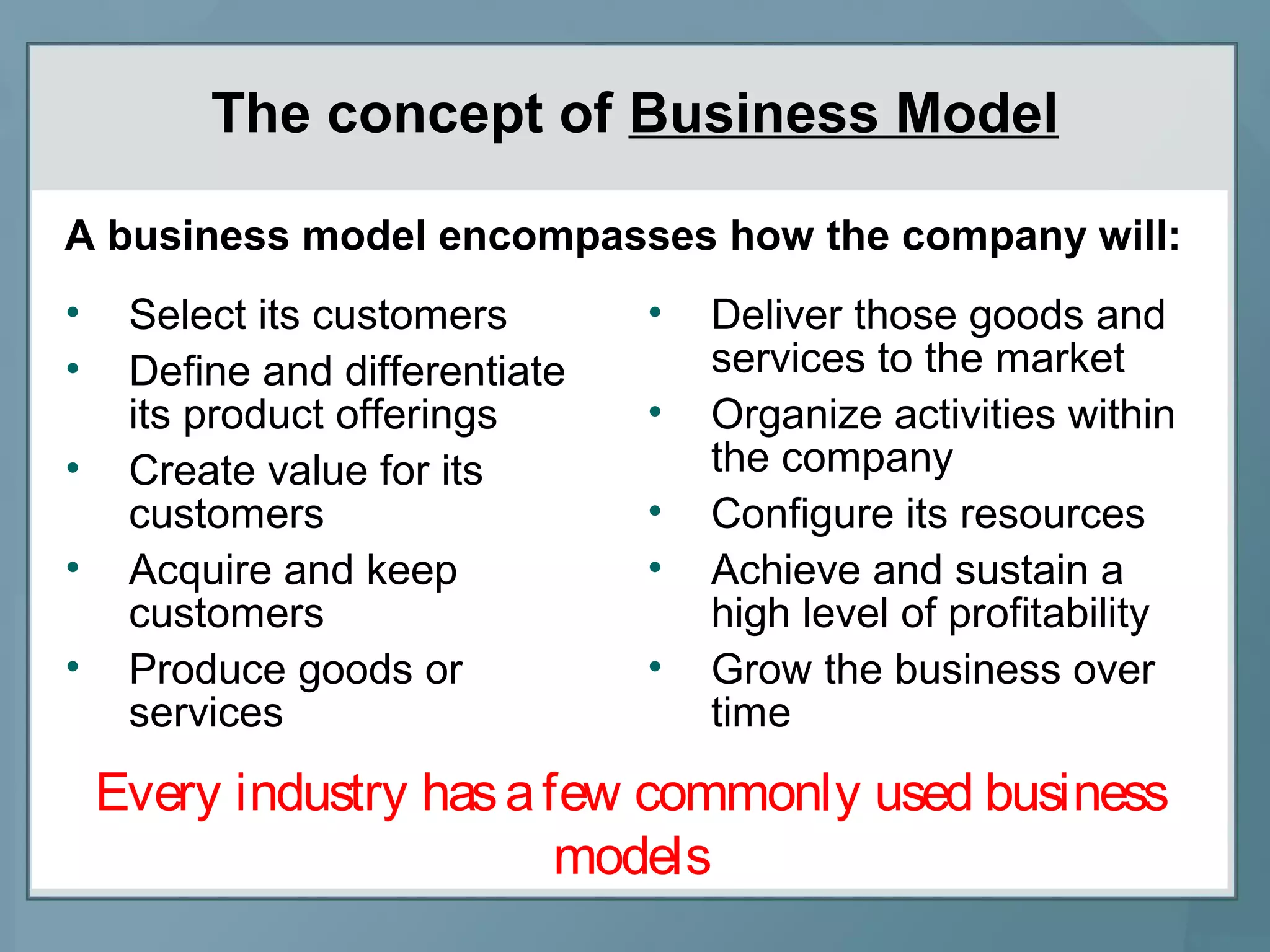 A business model encompasses how the company will:
The concept of Business Model
• Select its customers
• Define and differentiate
its product offerings
• Create value for its
customers
• Acquire and keep
customers
• Produce goods or
services
• Deliver those goods and
services to the market
• Organize activities within
the company
• Configure its resources
• Achieve and sustain a
high level of profitability
• Grow the business over
time
Every industry hasafew commonly used business
models
 