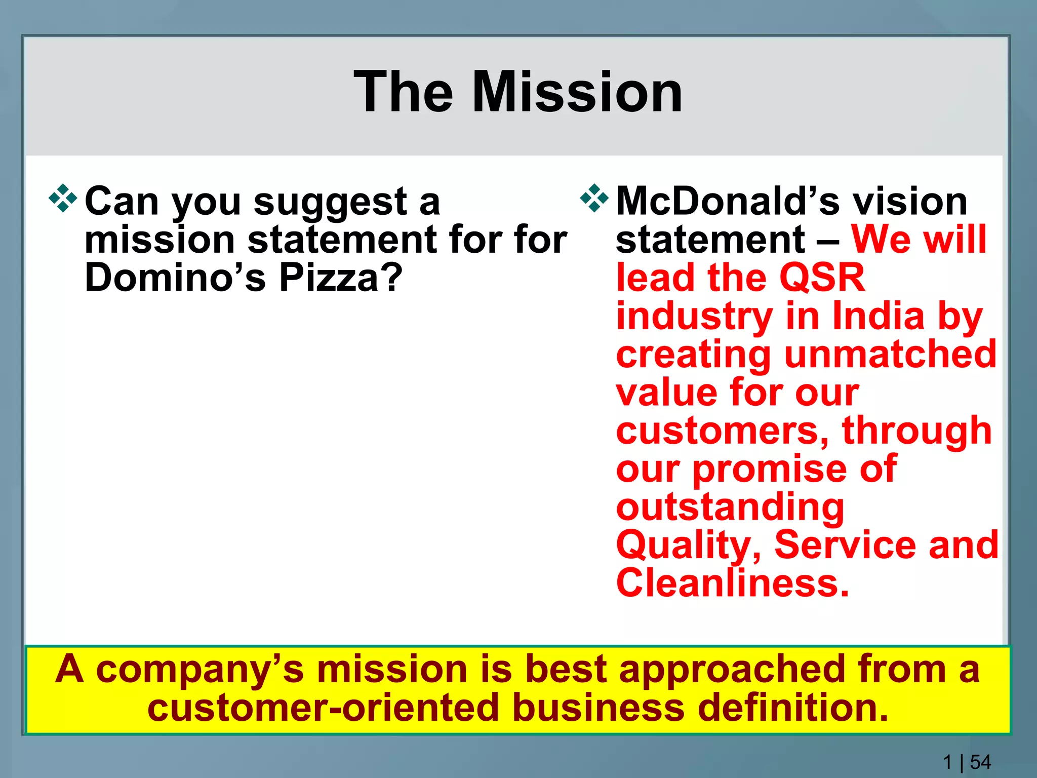 The Mission
1 | 54
A company’s mission is best approached from a
customer-oriented business definition.
Can you suggest a
mission statement for for
Domino’s Pizza?
McDonald’s vision
statement – We will
lead the QSR
industry in India by
creating unmatched
value for our
customers, through
our promise of
outstanding
Quality, Service and
Cleanliness.
 