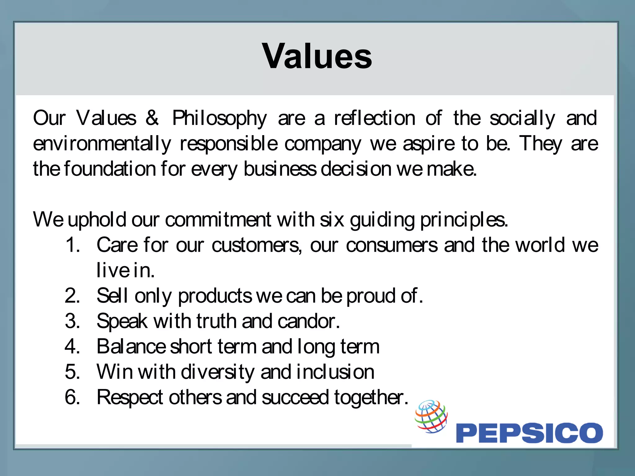 Values
Our Values & Philosophy are a reflection of the socially and
environmentally responsible company we aspire to be. They are
thefoundation for every businessdecision wemake.
Weuphold our commitment with six guiding principles.
1. Care for our customers, our consumers and the world we
livein.
2. Sell only productswecan beproud of.
3. Speak with truth and candor.
4. Balanceshort term and long term
5. Win with diversity and inclusion
6. Respect othersand succeed together.
 