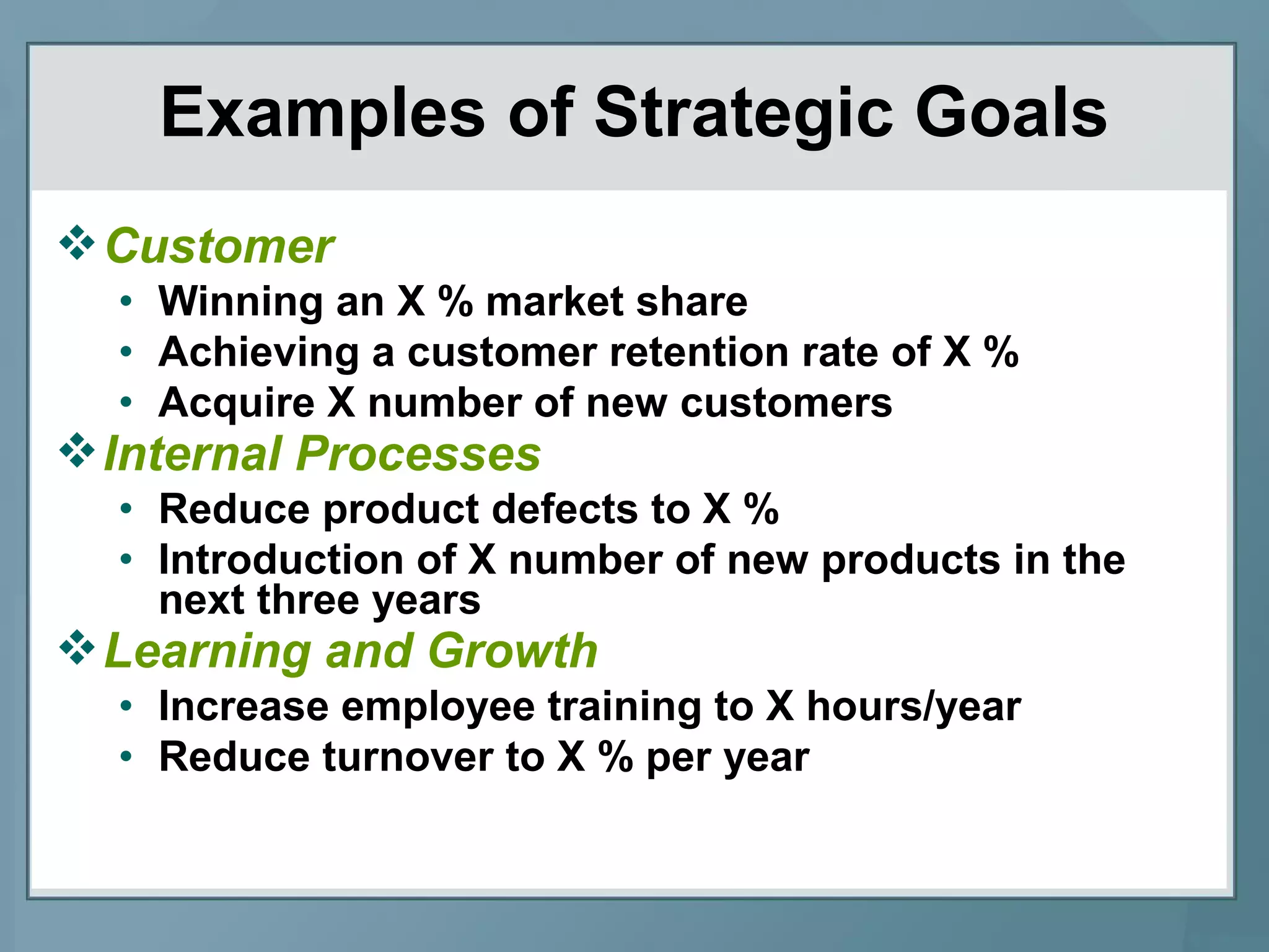Customer
• Winning an X % market share
• Achieving a customer retention rate of X %
• Acquire X number of new customers
Internal Processes
• Reduce product defects to X %
• Introduction of X number of new products in the
next three years
Learning and Growth
• Increase employee training to X hours/year
• Reduce turnover to X % per year
Examples of Strategic Goals
 