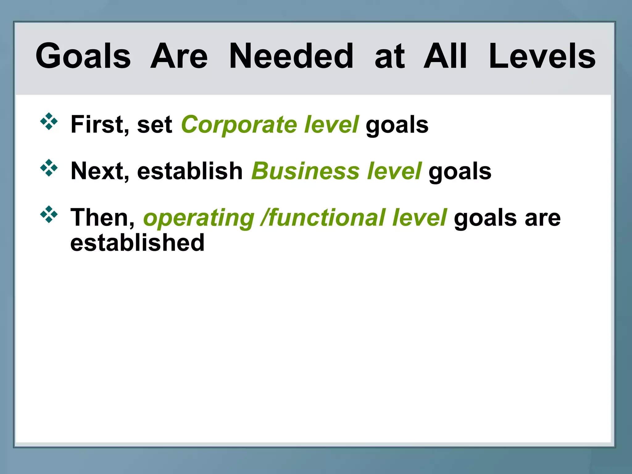 Goals Are Needed at All Levels
 First, set Corporate level goals
 Next, establish Business level goals
 Then, operating /functional level goals are
established
 