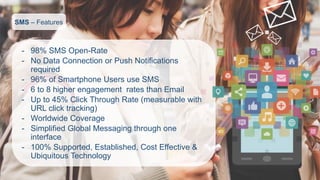 SMS –Features 
-98% SMS Open-Rate 
-No Data Connection or Push Notifications required 
-96% of Smartphone Users use SMS 
-6 to 8 higher engagement rates than Email 
-Up to 45% Click Through Rate (measurable with URL click tracking) 
-Worldwide Coverage 
-Simplified Global Messaging through one interface 
-100% Supported, Established, Cost Effective & Ubiquitous Technology  