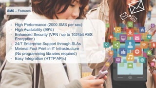 SMS –Features 
-High Performance (2000 SMS per sec) 
-High Availability (99%) 
-Enhanced Security (VPN / up to 1024bit AES Encryption) 
-24/7 Enterprise Support through SLAs 
-Minimal Foot Print in IT Infrastructure 
(No programming libraries required) 
-Easy Integration (HTTP APIs)  