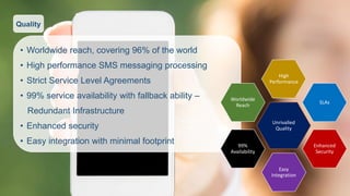 Quality 
Unrivalled Quality 
High Performance 
SLAs 
Enhanced Security 
Easy Integration 
99% Availability 
Worldwide Reach 
•Worldwidereach,covering96%oftheworld 
•HighperformanceSMSmessagingprocessing 
•StrictServiceLevelAgreements 
•99%serviceavailabilitywithfallbackability– 
RedundantInfrastructure 
•Enhancedsecurity 
•Easyintegrationwithminimalfootprint  
