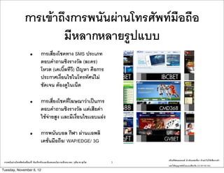 ???????????????????????????????????
                              ????????????????
                           ?          ??????????????? SMS ??????
                                      ????????????????? (????)
                                      ???? (???????????) ????? ??????
                                      ???????????????????????????
                                      ?????? ????????????

                           ?          ??????????????????????????????
                                      ????????????????? ???????????
                                      ?????????? ?????????????????????

                           ?          ?????????? ???? ??????????
                                      ????????????/ WAP/EDGE/ 3G

                                                                                            ????????????????: ????????????????? ??????????????????????
 ?????????????????????????????: ????????????????????????????????????? | ??????? ?????   3
                                                                                            ???????????????????????????? (CC-BY-NC-SA)
Tuesday, November 6, 12
 