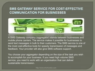 A SMS Gateway company (aggregator) stands between businesses and
mobile phone carriers. The service makes it possible for businesses to
send text messages in bulk to their customers. The SMS service is one of
the most cost-effective tools for speedy transmission of messages and
feedback. Your provider will also give SMS software support.

You choose your aggregator depending on the size of the task you wish
to accomplish for your business. If you need high volume SMS
service, you need to work with an organisation that can deliver
sustainable transmission.
                         http://www.shortcodes.com
 