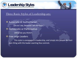 Leadership Styles Three Basic Styles of Leadership are: Autocratic or Authoritarian (Do as I say, because I am the boss.) Democratic or Participative   (What do you think?) Free reign Leaders   This style is unengaged in leadership, and simply lets people do their own thing with the leader exerting few controls 