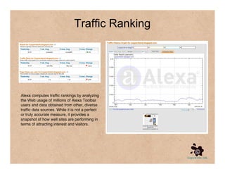 Traffic Ranking




Alexa computes traffic rankings by analyzing
the Web usage of millions of Alexa Toolbar
users and data obtained from other, diverse
traffic data sources. While it is not a perfect
or truly accurate measure, it provides a
snapshot of how well sites are performing in
terms of attracting interest and visitors.
 