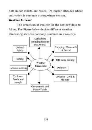 hills minor millets are raised. At higher altitudes wheat
cultivation is common during winter season.
Weather forecast
       The prediction of weather for the next few days to
follow. The Figure below depicts different weather
forecasting services normally practiced in a country.
                     Agriculture
                  including forestry
                     and Animal
     General          husbandry        Shipping Mercantile
     Public                                  & Naval


     Fishing                           Off shore drilling
                       Weather
                      forecasting
 Mountaineering                         Defence
                                        services

   Cyclones,                           Aviation Civil &
   floods and                              Military
     drought
                  Government and
                   Post officials




                              134
 