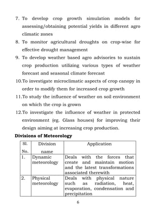 7. To    develop    crop   growth   simulation    models    for
   assessing/obtaining potential yields in different agro
   climatic zones
8. To monitor agricultural droughts on crop-wise for
   effective drought management
9. To develop weather based agro advisories to sustain
   crop production utilizing various types of weather
   forecast and seasonal climate forecast
10.To investigate microclimatic aspects of crop canopy in
   order to modify them for increased crop growth
11.To study the influence of weather on soil environment
   on which the crop is grown
12.To investigate the influence of weather in protected
   environment (eg. Glass houses) for improving their
   design aiming at increasing crop production.
Divisions of Meteorology
   Sl.     Division                 Application
  No.       name
  1.     Dynamic           Deals with the forces that
         meteorology       create and maintain motion
                           and the latest transformations
                           associated therewith
  2.     Physical          Deals with physical nature
         meteorology       such     as   radiation, heat,
                           evaporation, condensation and
                           precipitation
                                6
 