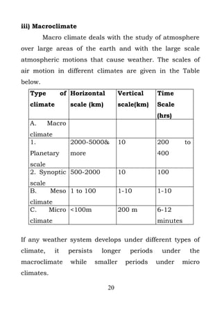 iii) Macroclimate
         Macro climate deals with the study of atmosphere
over large areas of the earth and with the large scale
atmospheric motions that cause weather. The scales of
air motion in different climates are given in the Table
below.
  Type            of Horizontal          Vertical       Time
  climate            scale (km)          scale(km)      Scale
                                                        (hrs)
  A.       Macro
  climate
  1.                 2000-5000&          10             200       to
  Planetary          more                               400
  scale
  2. Synoptic 500-2000                   10             100
  scale
  B.    Meso 1 to 100                    1-10           1-10
  climate
  C.    Micro <100m                      200 m          6-12
  climate                                               minutes

If any weather system develops under different types of
climate,     it     persists     longer       periods    under     the
macroclimate         while     smaller     periods      under    micro
climates.

                                   20
 
