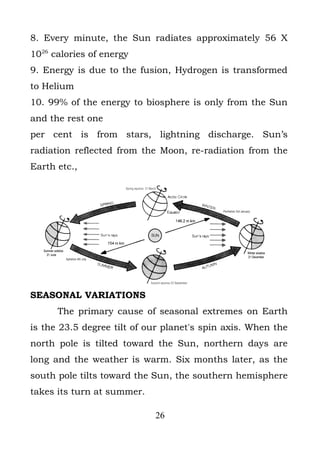 8. Every minute, the Sun radiates approximately 56 X
1026 calories of energy
9. Energy is due to the fusion, Hydrogen is transformed
to Helium
10. 99% of the energy to biosphere is only from the Sun
and the rest one
per cent is from stars, lightning discharge. Sun’s
radiation reflected from the Moon, re-radiation from the
Earth etc.,




SEASONAL VARIATIONS
      The primary cause of seasonal extremes on Earth
is the 23.5 degree tilt of our planet's spin axis. When the
north pole is tilted toward the Sun, northern days are
long and the weather is warm. Six months later, as the
south pole tilts toward the Sun, the southern hemisphere
takes its turn at summer.

                            26
 