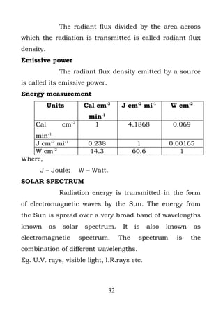 The radiant flux divided by the area across
which the radiation is transmitted is called radiant flux
density.
Emissive power
                The radiant flux density emitted by a source
is called its emissive power.
Energy measurement
           Units          Cal cm-2        J cm-2 mi-1           W cm-2
                            min-1
     Cal        cm-2         1                  4.1868          0.069
   min-1
   J cm-2 mi-1             0.238                  1            0.00165
   W cm-2                  14.3                  60.6             1
Where,
      J – Joule;         W – Watt.
SOLAR SPECTRUM
                Radiation energy is transmitted in the form
of electromagnetic waves by the Sun. The energy from
the Sun is spread over a very broad band of wavelengths
known      as    solar    spectrum.        It    is     also   known     as
electromagnetic          spectrum.        The     spectrum       is    the
combination of different wavelengths.
Eg. U.V. rays, visible light, I.R.rays etc.



                                     32
 