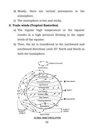 d) Mostly, there are vertical movements in the
      atmosphere.
   e) The atmosphere is hot and sticky.
2. Trade winds (Tropical Easterlies)
   a) The regular high temperature at the equator
      results in a high pressure forming in the upper
      levels of the equator.
   b) Then, the air is transferred to the northward and
      southward directions until 35° North and South in
      both the hemisphere.




                               88
 