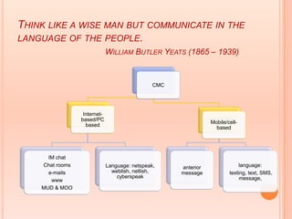 THINK LIKE A WISE MAN BUT COMMUNICATE IN THE
LANGUAGE OF THE PEOPLE.
                              WILLIAM BUTLER YEATS (1865 – 1939)


                                                CMC




                  Internet-
                 based/PC
                                                                 Mobile/cell-
                   based
                                                                   based




      IM chat
    Chat rooms                Language: netspeak,     anterior                language:
      e-mails                   weblish, netlish,     message            texting, text, SMS,
                                  cyberspeak                                  message,
       www
    MUD & MOO
 