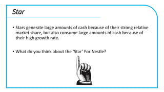 Star
• Stars generate large amounts of cash because of their strong relative
market share, but also consume large amounts of cash because of
their high growth rate.
• What do you think about the ‘Star’ For Nestle?
 