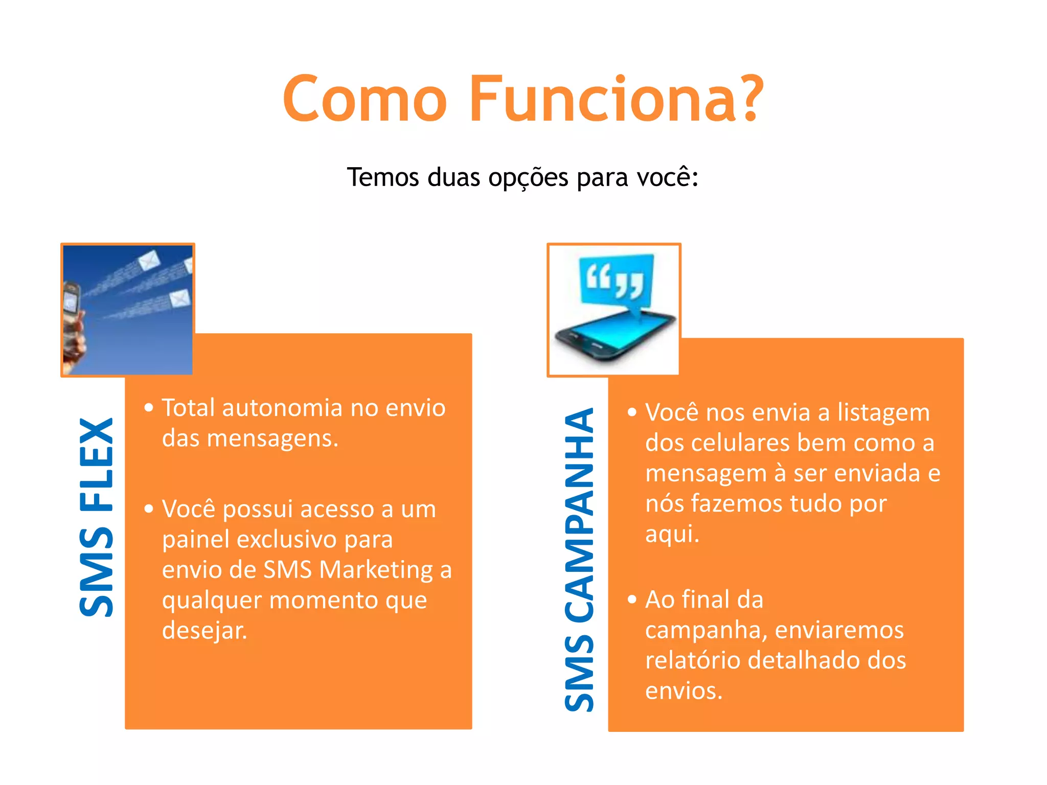 Como Funciona?
                            Temos duas opções para você:




           • Total autonomia no envio                      • Você nos envia a listagem




                                            SMS CAMPANHA
SMS FLEX




             das mensagens.                                  dos celulares bem como a
                                                             mensagem à ser enviada e
           • Você possui acesso a um                         nós fazemos tudo por
             painel exclusivo para                           aqui.
             envio de SMS Marketing a
             qualquer momento que                          • Ao final da
             desejar.                                        campanha, enviaremos
                                                             relatório detalhado dos
                                                             envios.
 