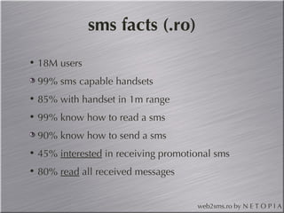 sms facts (.ro) 18M users 99% sms capable handsets 85% with handset in 1m range 99% know how to read a sms 90% know how to send a sms 45% interested in receiving promotional sms 80% read all received messages