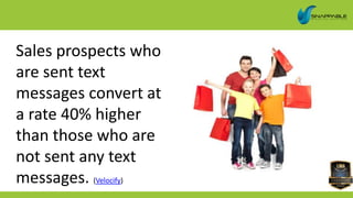Sales prospects who
are sent text
messages convert at
a rate 40% higher
than those who are
not sent any text
messages. (Velocify)
 