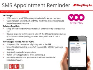 Delivering Cloud Communications since 1991 !
SMS Appointment Reminder
Challenge :
• VOO needs to send SMS messages to clients for various reasons.
• Customers can answer back and VOO must treat these responses to
properly serve its customers.
Solution Provided :
• Setup an outbound SMS/automated call system directly connected to
ERP
• Develop a special tool in order to smooth the SMS sending rate during
VOO contact-centre opening hours to avoid peaks in # of calls /
answers
Advantages, results, ROI for VOO :
• Unique tool for the users – fully integrated in the ERP
• Smoothing tool avoiding peaks fully managed by VOO through web
interface
• Statistical results of the operations
• ROI on several applications (Debt collecting…)
• Improve attendance on appointments with technicians for
installation/repairs
 