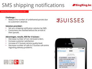 Delivering Cloud Communications since 1991 !
SMS shipping notifications
Challenge :
• Reduce the number of undelivered parcels due
to customers’ absence.
Solution provided :
• Set up a shipping notification solution by SMS.
• Consumers are notified before the arrival of
their parcels.
Advantages, results, ROI for 3 Suisses :
• Decrease number of non retrieved orders.
• Increase customer satisfaction
• increase of 3 Suisses service quality level.
• Decrease number of calls to 3 Suisses call centre
regarding delivery problems.
 
