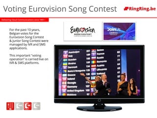 Delivering Cloud Communications since 1991 !
Voting Eurovision Song Contest
For the past 10 years,
Belgian votes for the
Eurovision Song Contest
& Junior Song Contest were
managed by IVR and SMS
applications.
This important "voting
operation” is carried live on
IVR & SMS platforms.
 