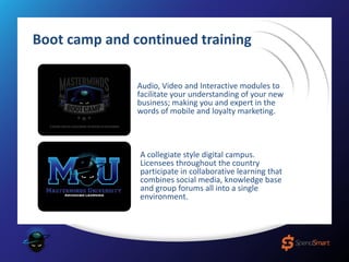 Boot camp and continued training
Audio, Video and Interactive modules to
facilitate your understanding of your new
business; making you and expert in the
words of mobile and loyalty marketing.
A collegiate style digital campus.
Licensees throughout the country
participate in collaborative learning that
combines social media, knowledge base
and group forums all into a single
environment.
 