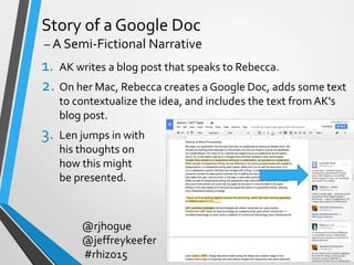 Story of a Google Doc
– A Semi-Fictional Narrative
1. AK writes a blog post that speaks to Rebecca.
2. On her Mac, Rebecca...