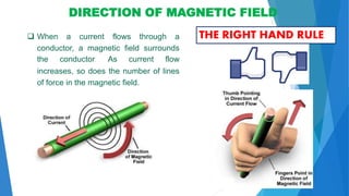 DIRECTION OF MAGNETIC FIELD
 When a current flows through a
conductor, a magnetic field surrounds
the conductor. As current flow
increases, so does the number of lines
of force in the magnetic field.
THE RIGHT HAND RULE
 