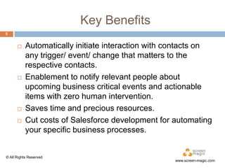 Key Benefits
5








Automatically initiate interaction with contacts on
any trigger/ event/ change that matters to the
respective contacts.
Enablement to notify relevant people about
upcoming business critical events and actionable
items with zero human intervention.
Saves time and precious resources.
Cut costs of Salesforce development for automating
your specific business processes.

© All Rights Reserved

www.screen-magic.com

 