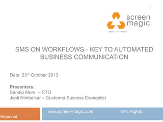 1

SMS ON WORKFLOWS - KEY TO AUTOMATED
BUSINESS COMMUNICATION
Date: 23rd October 2013
Presenters:
Sandip More – CTO
Jyoti Nimbalkar – Customer Success Evangelist

Reserved

www.screen-magic.com

©All Rights

 