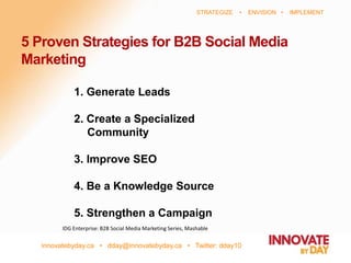innovatebyday.ca • dday@innovatebyday.ca • Twitter: dday10
STRATEGIZE • ENVISION • IMPLEMENT
5 Proven Strategies for B2B Social Media
Marketing
IDG Enterprise: B2B Social Media Marketing Series, Mashable
1. Generate Leads
2. Create a Specialized
Community
3. Improve SEO
4. Be a Knowledge Source
5. Strengthen a Campaign
 