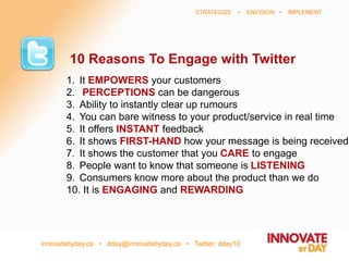 innovatebyday.ca • dday@innovatebyday.ca • Twitter: dday10
STRATEGIZE • ENVISION • IMPLEMENT
10 Reasons To Engage with Twitter
1. It EMPOWERS your customers
2. PERCEPTIONS can be dangerous
3. Ability to instantly clear up rumours
4. You can bare witness to your product/service in real time
5. It offers INSTANT feedback
6. It shows FIRST-HAND how your message is being received
7. It shows the customer that you CARE to engage
8. People want to know that someone is LISTENING
9. Consumers know more about the product than we do
10. It is ENGAGING and REWARDING
 