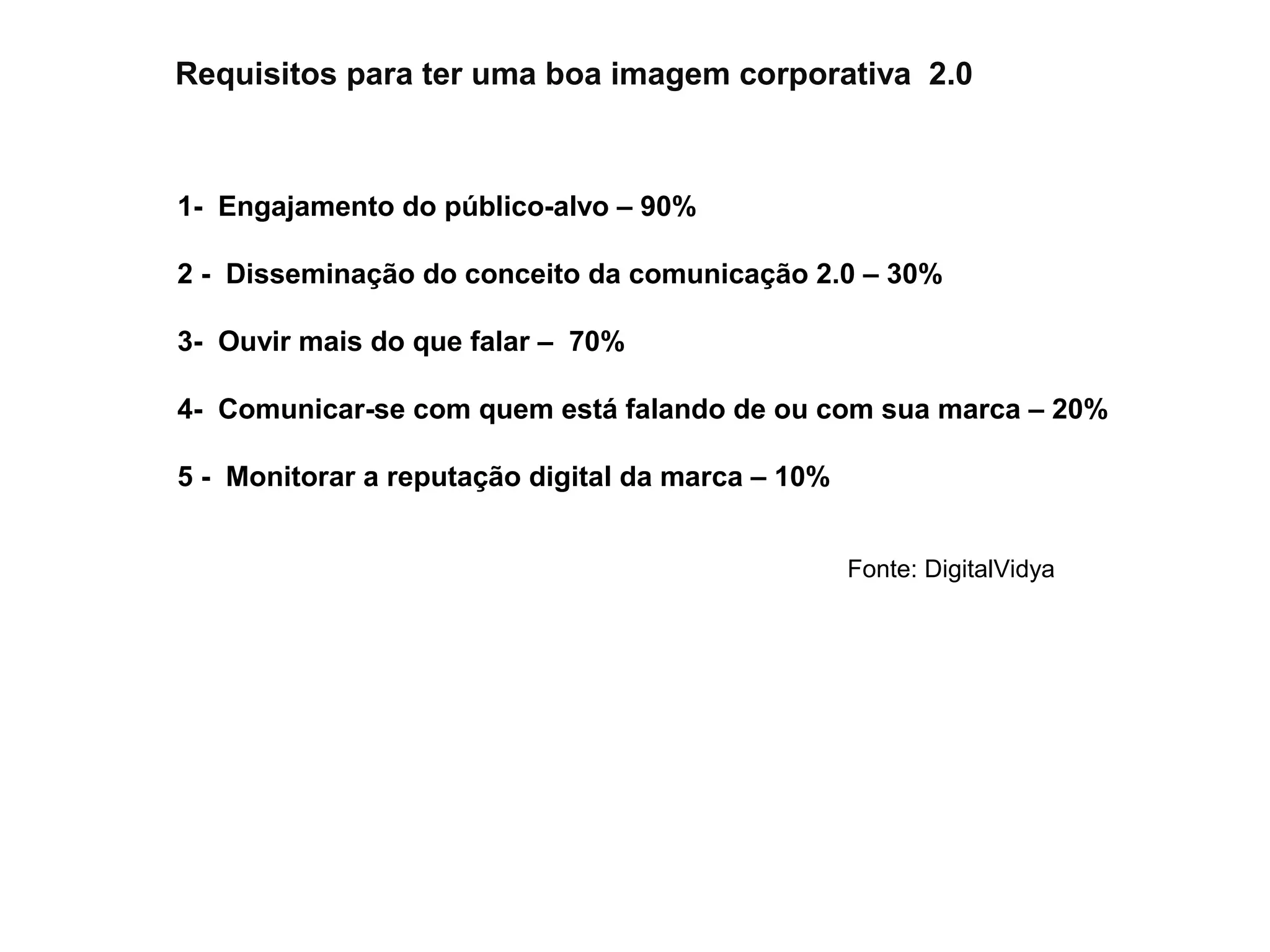 Requisitos para ter uma boa imagem corporativa 2.0



1- Engajamento do público-alvo – 90%

2 - Disseminação do conceito da comunicação 2.0 – 30%

3- Ouvir mais do que falar – 70%

4- Comunicar-se com quem está falando de ou com sua marca – 20%

5 - Monitorar a reputação digital da marca – 10%


                                                   Fonte: DigitalVidya
 