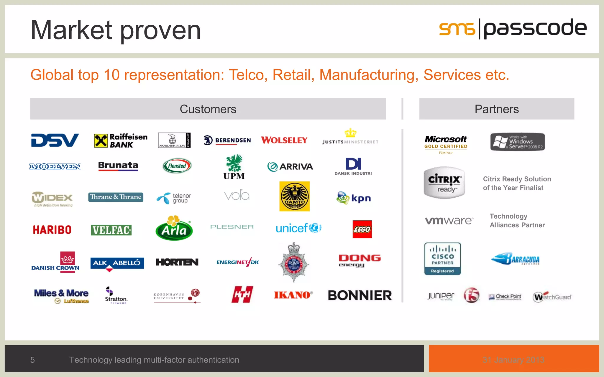 Market proven
Global top 10 representation: Telco, Retail, Manufacturing, Services etc.

                                  Customers                        Partners




                                                                    Citrix Ready Solution
                                                                    of the Year Finalist



                                                                      Technology
                                                                      Alliances Partner




5    Technology leading multi-factor authentication                 31 January 2013
 