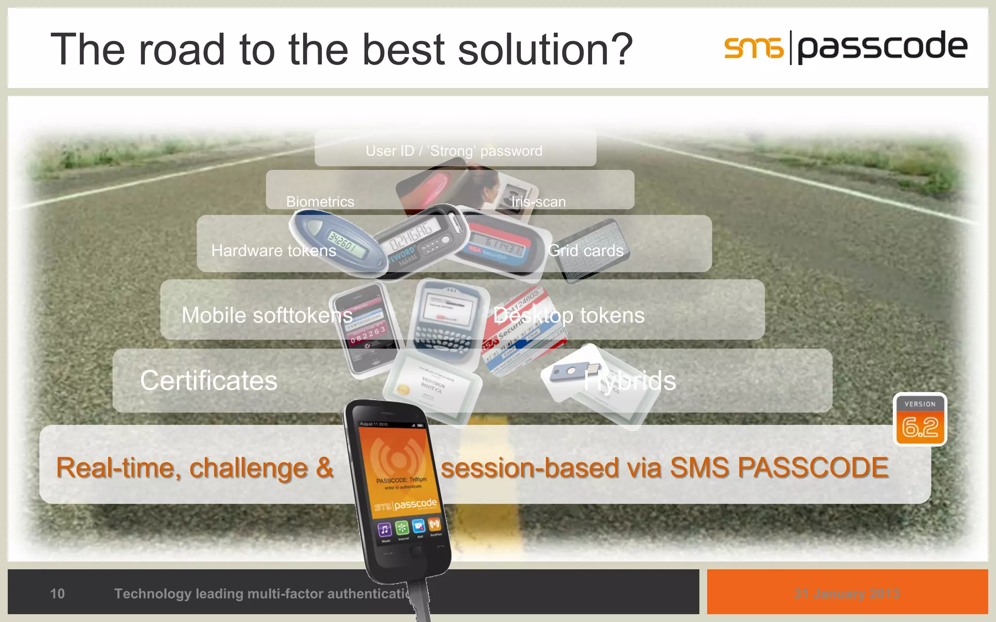 The road to the best solution?

                                           User ID / ’Strong’ password


                              Biometrics                         Iris-scan


                   Hardware tokens                                       Grid cards



               Mobile softtokens                              Desktop tokens


        Certificates                                                         Hybrids


Real-time, challenge &                                session-based via SMS PASSCODE



10   Technology leading multi-factor authentication                                    31 January 2013
 
