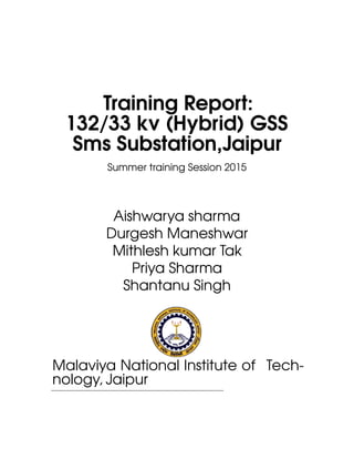 Training Report:
132/33 kv (Hybrid) GSS
Sms Substation,Jaipur
Summer training Session 2015
Aishwarya sharma
Durgesh Maneshwar
Mithlesh kumar Tak
Priya Sharma
Shantanu Singh
Malaviya National Institute of Tech-
nology, Jaipur
———————————————————————————-
 
