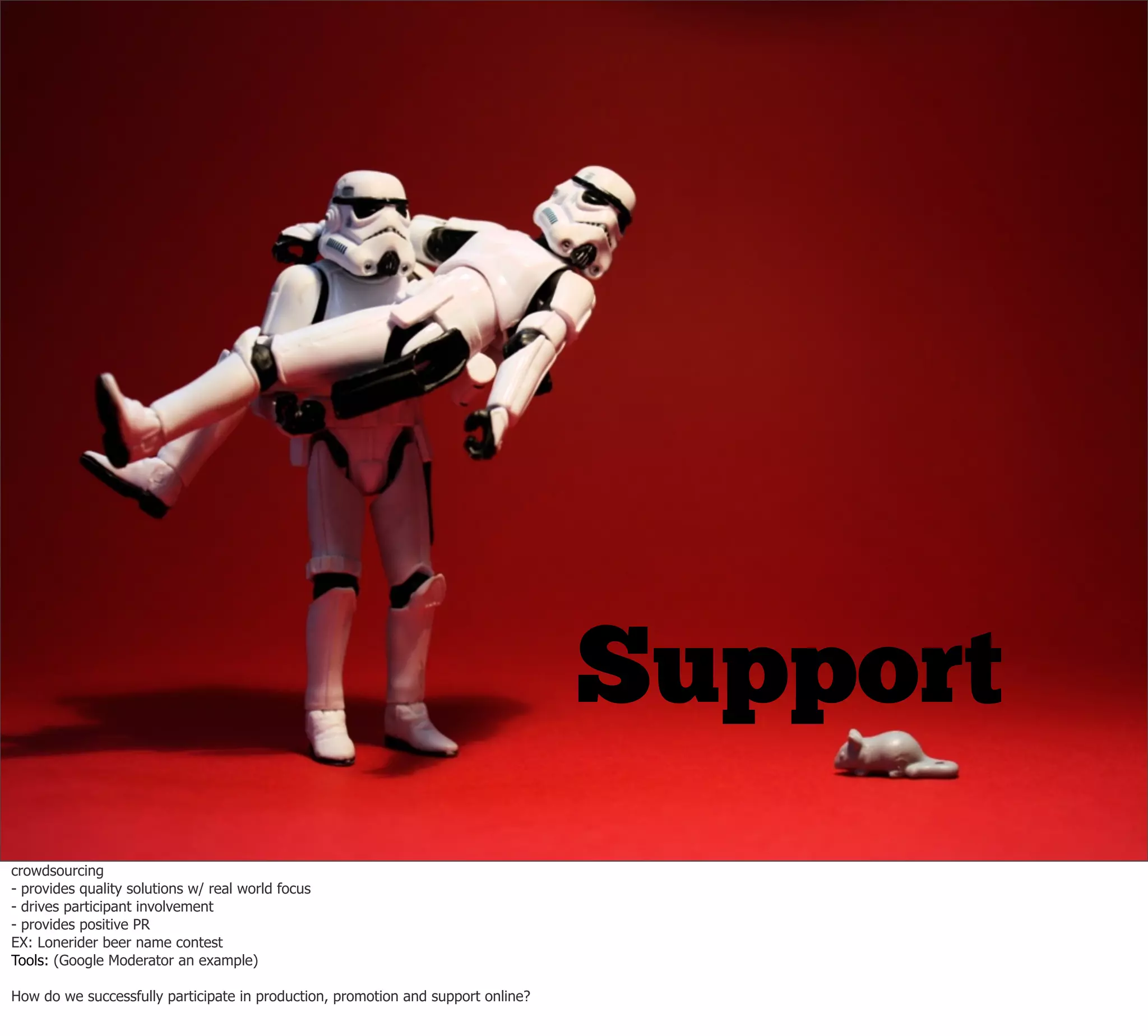 Support
crowdsourcing
- provides quality solutions w/ real world focus
- drives participant involvement
- provides positive PR
EX: Lonerider beer name contest
Tools: (Google Moderator an example)

How do we successfully participate in production, promotion and support online?
 