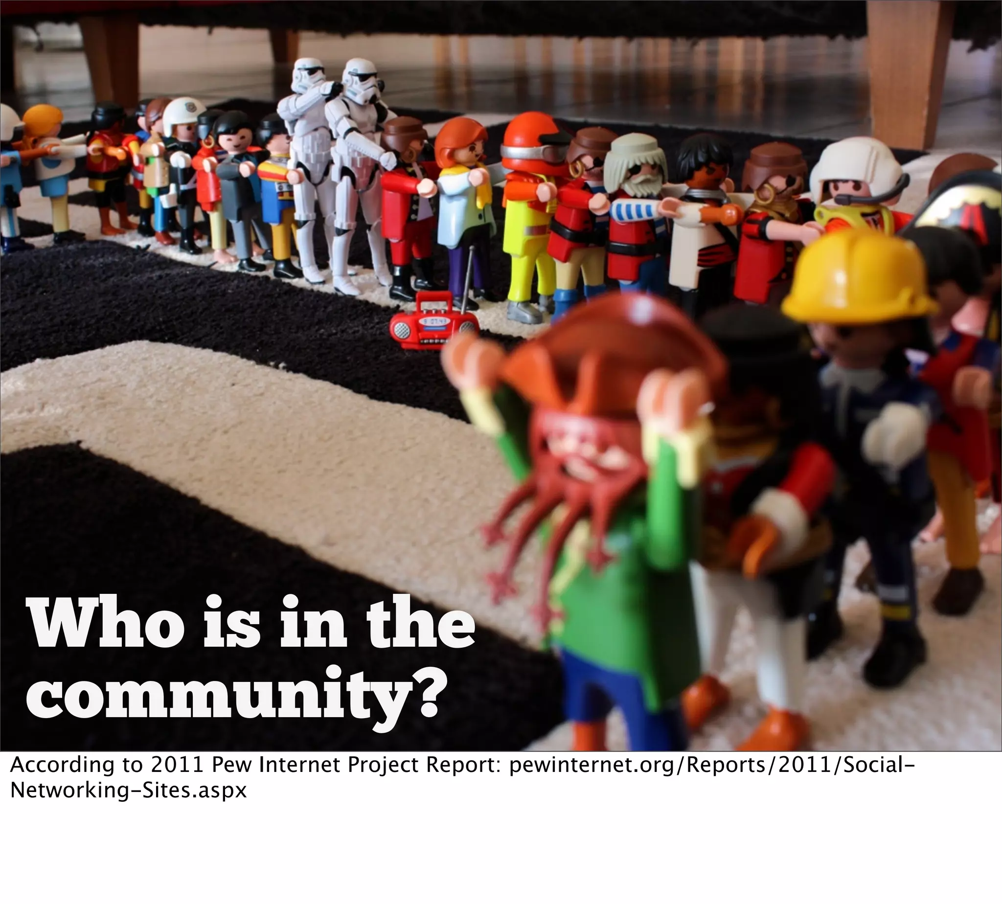 Who is in the
 community?
According to 2011 Pew Internet Project Report: pewinternet.org/Reports/2011/Social-
Networking-Sites.aspx
 