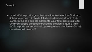 Exemplo 
 Uma indústria produz grandes quantidades de Ácido Clorídrico, 
Sabendo-se que o limite de tolerância dessa substancia é de 
5,5mg/m³ no ar e que ela apresenta valor teto. Caso seja feita 
uma verificação de concentração no ambiente, qual o valor 
máximo pode ser encontrado, para que esse ambiente não seja 
considerado insalubre? 
 