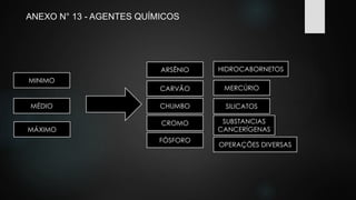 ANEXO N° 13 - AGENTES QUÍMICOS 
ARSÊNIO 
CARVÃO 
CHUMBO 
CROMO 
FÓSFORO 
HIDROCABORNETOS 
MERCÚRIO 
SILICATOS 
SUBSTANCIAS 
CANCERÍGENAS 
OPERAÇÕES DIVERSAS 
MINIMO 
MÉDIO 
MÁXIMO 
 