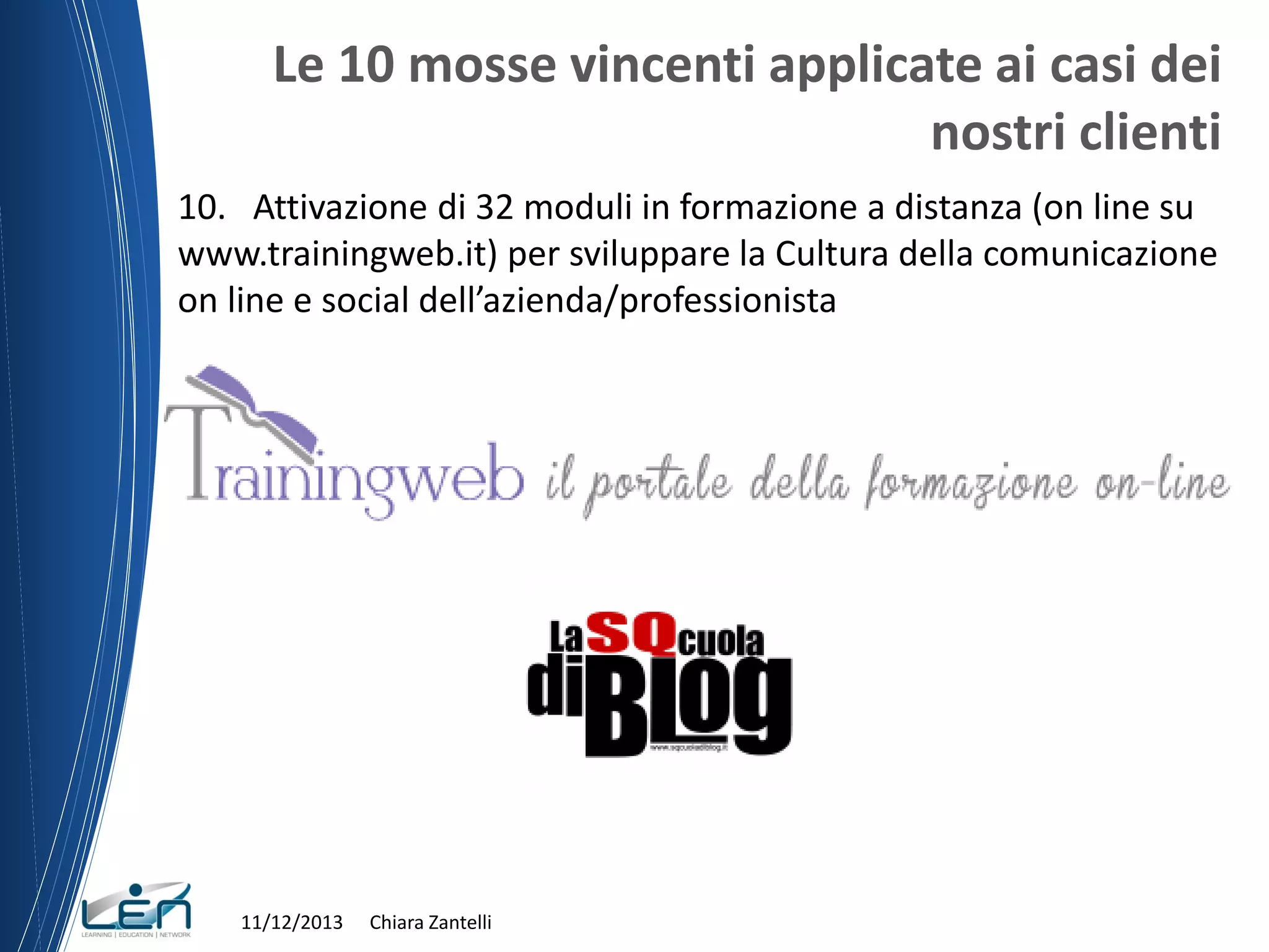Le 10 mosse vincenti applicate ai casi dei
nostri clienti
10. Attivazione di 32 moduli in formazione a distanza (on line su
www.trainingweb.it) per sviluppare la Cultura della comunicazione
on line e social dell’azienda/professionista

11/12/2013

Chiara Zantelli

 