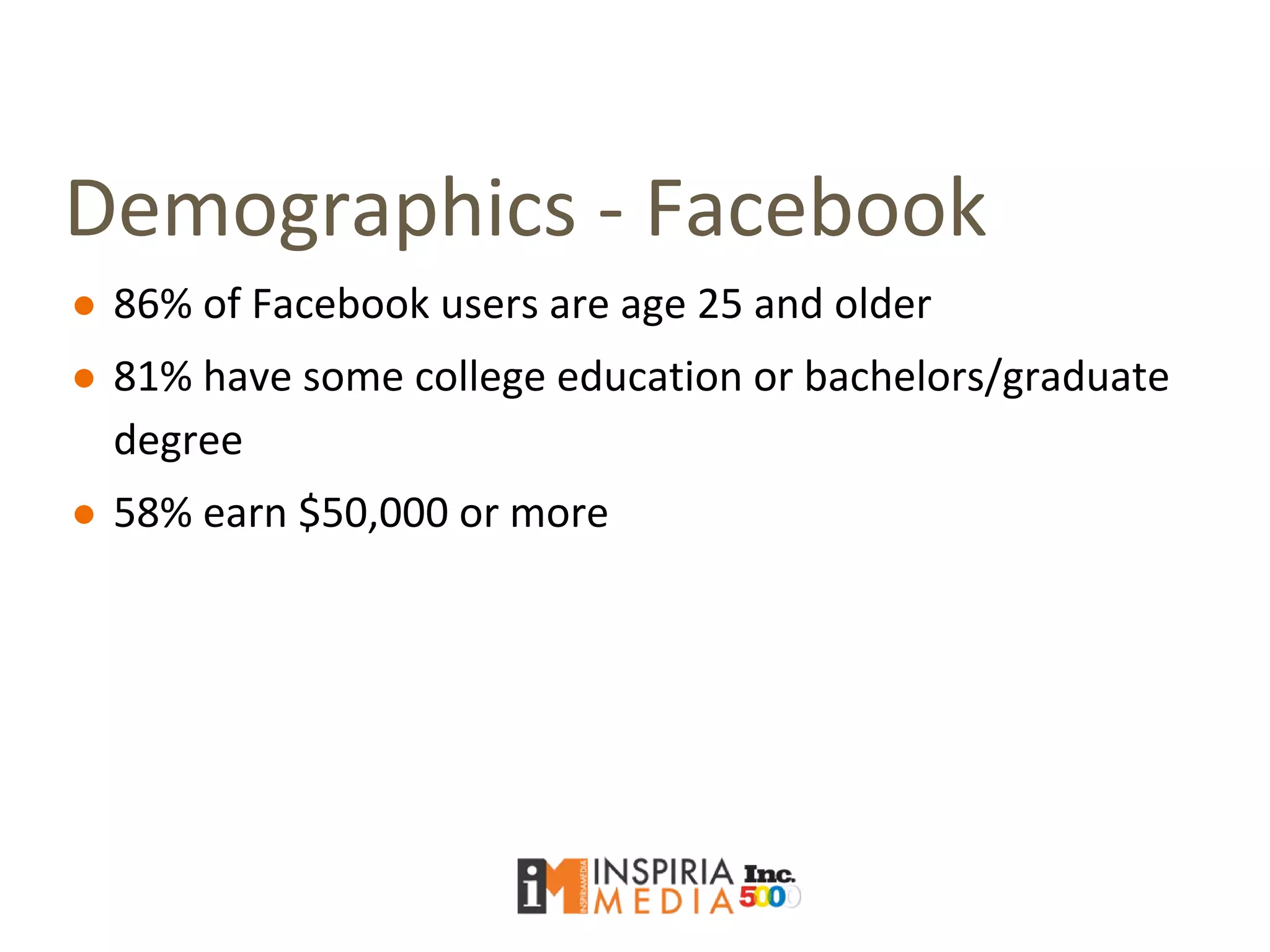 Demographics - Facebook
● 86% of Facebook users are age 25 and older
● 81% have some college education or bachelors/graduate
degree
● 58% earn $50,000 or more
 