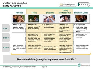 All BAN’s/CTN’s identified with family members between 11-17 (from MARS) Subsegment: the intersection of all BAN’s in a non-business shared plan with family members between 11-17 Users with higher than average “on-net” mobile to mobile calls All BANS/CTN’s identified between 18-25 (from MARS) (above merged with) lowest 25% of ‘minutes included’ pricing plans for the individual (<=200 minute plans) Users with higher than average “on-net” mobile to mobile calls Teens Students Young Professionals Business Users Families All BANS/CTN’s identified between 26-34, and all ‘self motivated professionals (from MARS) (above merged with) highest 25% of ‘minutes included’ pricing plans for the individual (>=1000 minute plans) Users with higher than average “on-net” mobile to mobile calls More than (2) 12am-3am calls during the preceding month. All BANS/CTN’s identified between 35-59, and all ‘Power callers’ and ‘talking tradesmen’ (from MARS) (above merged with) all business plan customers Users with higher than average “on-net” mobile to mobile calls Five potential early adopter segments were identified.  Strategy and Execution Early Adopters Target Segments STEP 1 All BAN’s/CTN’s identified with family members between 11-17 (from MARS) Users with higher than average “on-net” mobile to mobile calls STEP 2 STEP 3 