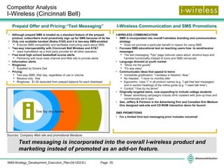Competitor Analysis  I-Wireless (Cincinnati Bell)  Prepaid Offer and Pricing:“Text Messaging”  Although prepaid SMS is treated as a standard feature of the prepaid product, subscribers must proactively sign up for SMS because of its fee Only one available handset (Nokia 5165) and it is two-way SMS-enabled Ensures SMS compatibility and facilitates instructing users about SMS Two-way interoperability with Cincinnati Bell Wireless and AT&T Uses InphoMatch as a third party provider for all other operators Free local high school basketball scores alerts Partnering with local news channel and Web site to provide alerts Information alerts Ringtones Supplied by Sonera Zed Pricing: Two-way SMS: 25¢/ day, regardless of use or volume  Receive only:  free Ringtones:  $1.00 deducted from prepaid balance for each download Text messaging is incorporated into the overall I-wireless product and marketing instead of promoted as an add-on feature. Sources: Company Web site and promotional literature.  I-Wireless Communication and SMS Promotions I-WIRELESS COMMUNICATION SMS is incorporated into overall I-wireless branding and communication strategy Does not promote a particular benefit or reason for using SMS Focuses SMS educational text on teaching users how  to send/receive messages The text messaging “Tips” page instructs users about  shortcut keys and handset functionality instead of icons and SMS vernacular Language directed at youth market “ Show me the goods” “ It’s way easy” Communicates ideas that appeal to teens Immediate gratification: “I-wireless is freedom. Now.” No Hassles:  ”I have no monthly bills” Egocentric: Uses “I” in all product names (e.g. “I get free text messages) and in section headings of the online guide (e.g. “I need talk time”)  Control: “I live by my terms” Originally targeted teens, now expanding to include college students Newer advertising campaigns include drink coasters with pick-up lines and commercials set in bars Gee, Jeffery & Partners is the Advertising firm and Canadian firm Medium One designed web-site and CD-ROM interactive demo for launch SMS PROMOTIONS For a limited time text messaging price includes voicemail 