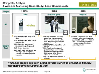 I-wireless started as a teen brand but has started to expand its base by targeting college students as well. Teens Teens Teens TEXT MESSAGE #1:  Party 10:00. Matt TEXT MESSAGE #2:  Meet at 6:30 our spot. Jen GIRL: Hey. How was your day? [also said in sign language] GUY signs a response. END TEXT:  Send and receive text messages with your phone.  Two way Text Messaging now available. Competitor Analysis  I-Wireless Marketing Case Study: Teen Commercials  TEEN: Hey wait man. You can’t forget this. I like your shoes.  Those are shiny shoes. Later, man.  May I help you cross the street?  ELDERLY LADY: Let go of me. Let me go!  TEEN: People say I’m a good person and you know what, I believe them. Have a nice day.  Elderly lady :  Wha- Chippy, where are you dear?  TEEN: I’ve been good. I deserve I-wireless.   TEEN: Oh I’m popular now. It all changed pretty quickly. People just need to get to know the real me…. So, Saturday night then. You just gotta know how to present yourself.   Script/ Text “ SMS” “ I’ve been good” “ Popular” Ad Target 
