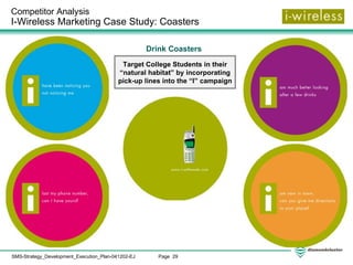 Competitor Analysis  I-Wireless Marketing Case Study: Coasters Target College Students in their “natural habitat” by incorporating pick-up lines into the “I” campaign Drink Coasters  