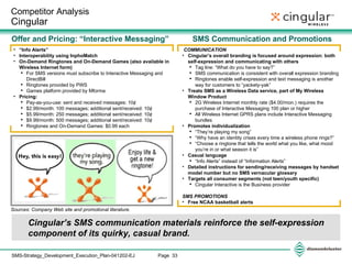 Competitor Analysis  Cingular  Offer and Pricing: “Interactive Messaging” “ Info Alerts” Interoperability using InphoMatch On-Demand Ringtones and On-Demand Games (also available in Wireless Internet form)  For SMS versions must subscribe to Interactive Messaging and DirectBill Ringtones provided by PWS Games platform provided by Mforma  Pricing: Pay-as-you-use: sent and received messages: 10¢ $2.99/month: 100 messages; additional sent/received: 10¢ $5.99/month: 250 messages; additional sent/received: 10¢ $9.99/month: 500 messages; additional sent/received: 10¢ Ringtones and On-Demand Games: $0.99 each Cingular’s SMS communication materials reinforce the self-expression component of its quirky, casual brand. Sources: Company Web site and promotional literature.  SMS Communication and Promotions COMMUNICATION Cingular’s overall branding is focused around expression: both self-expression and communicating with others Tag line: “What do you have to say?” SMS communication is consistent with overall expression branding Ringtones enable self-expression and text messaging is another way for customers to “yackety-yak” Treats SMS as a Wireless Data service, part of My Wireless Window Product 2G Wireless Internet monthly rate ($4.00/mon.) requires the purchase of Interactive Messaging 100 plan or higher All Wireless Internet GPRS plans include Interactive Messaging bundles Promotes individualization “ They’re playing my song” “ Why have an identity crises every time a wireless phone rings?” “ Choose a ringtone that tells the world what you like, what mood you’re in or what season it is” Casual language “ Info Alerts” instead of “Information Alerts” Detailed instructions for sending/receiving messages by handset model number but no SMS vernacular glossary Targets all consumer segments (not teen/youth specific)  Cingular Interactive is the Business provider SMS PROMOTIONS Free NCAA basketball alerts                                                                                                                 