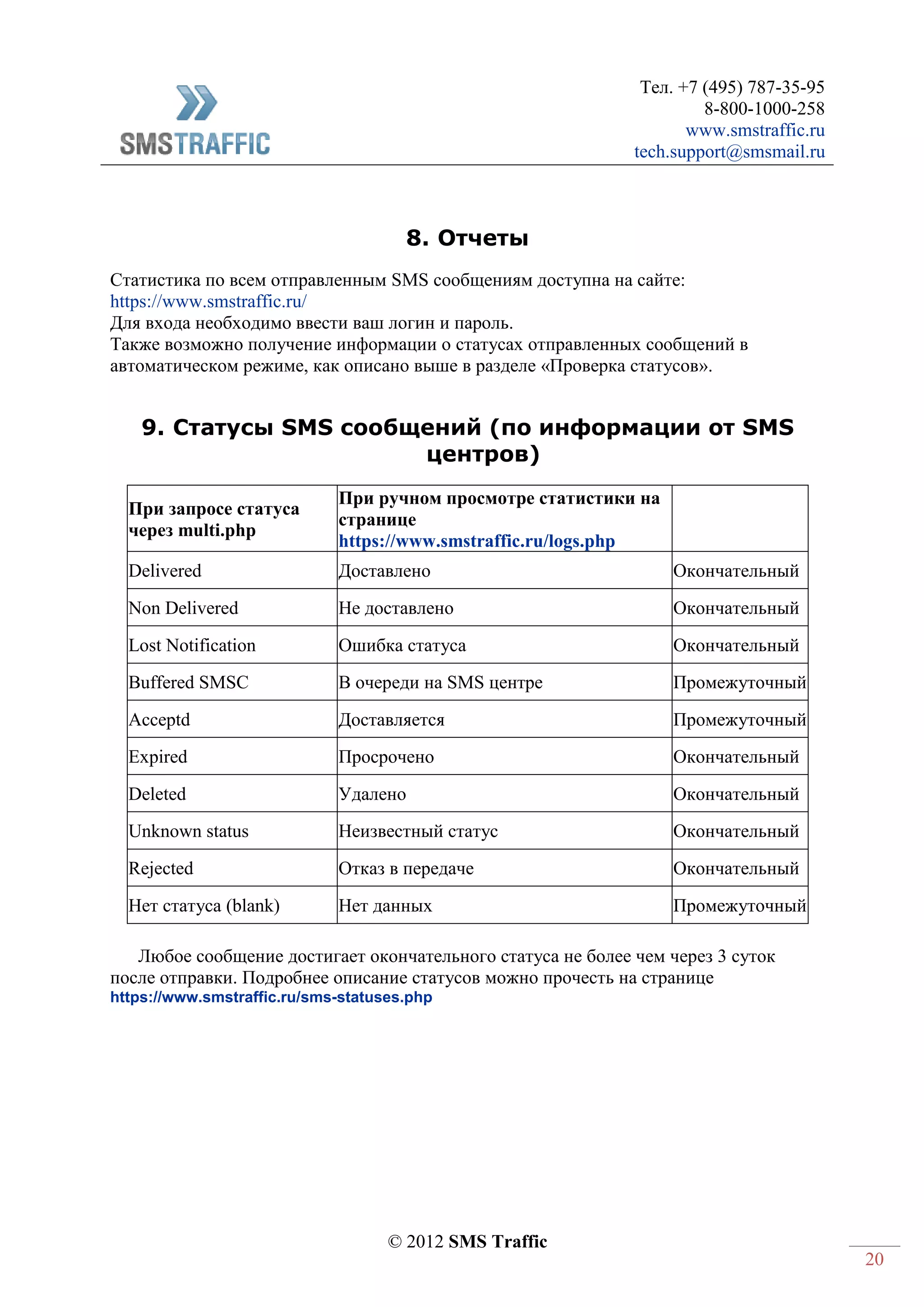 Тел. +7 (495) 787-35-95
8-800-1000-258
www.smstraffic.ru
tech.support@smsmail.ru
© 2012 SMS Traffic
20
8. Отчеты
Статистика по всем отправленным SMS сообщениям доступна на сайте:
https://www.smstraffic.ru/
Для входа необходимо ввести ваш логин и пароль.
Также возможно получение информации о статусах отправленных сообщений в
автоматическом режиме, как описано выше в разделе «Проверка статусов».
9. Статусы SMS сообщений (по информации от SMS
центров)
При запросе статуса
через multi.php
При ручном просмотре статистики на
странице
https://www.smstraffic.ru/logs.php
Delivered Доставлено Окончательный
Non Delivered Не доставлено Окончательный
Lost Notification Ошибка статуса Окончательный
Buffered SMSC В очереди на SMS центре Промежуточный
Acceptd Доставляется Промежуточный
Expired Просрочено Окончательный
Deleted Удалено Окончательный
Unknown status Неизвестный статус Окончательный
Rejected Отказ в передаче Окончательный
Нет статуса (blank) Нет данных Промежуточный
Любое сообщение достигает окончательного статуса не более чем через 3 суток
после отправки. Подробнее описание статусов можно прочесть на странице
https://www.smstraffic.ru/sms-statuses.php
 