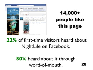 14,000+ people like this page 22%   of first-time visitors heard about NightLife on Facebook.  50%  heard about it through  word-of-mouth.  